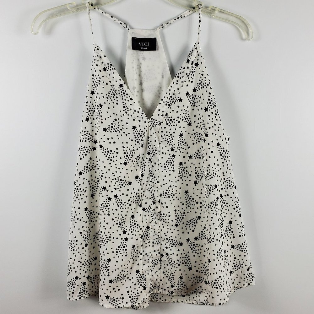 Vici  Black & White Flowy V-Neck Lined Halter Top With Tiny Stars Pattern Sz S
